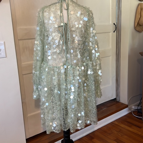 ASOS EDITION SEQUINED SHEER PART DRESS SZ 0 OVERSIZED MINT GREEN GOLD THREADING - Picture 2 of 10